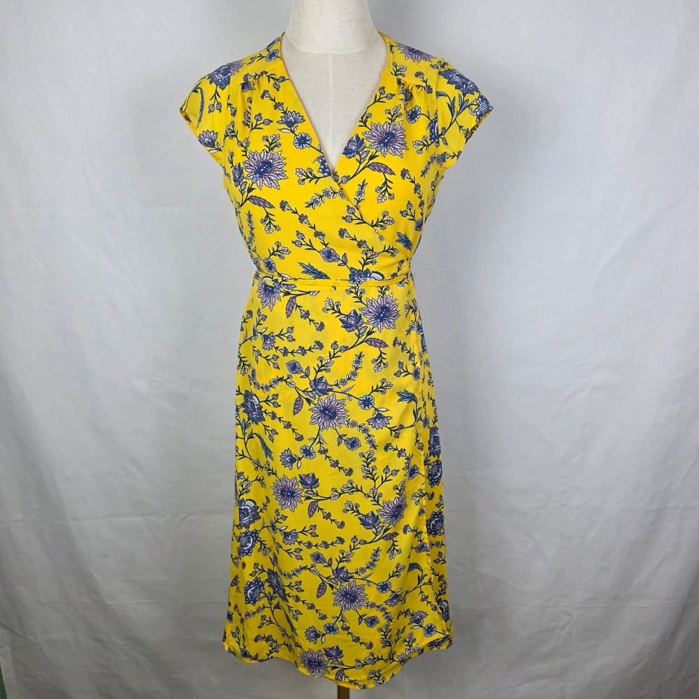 Banana Republic Womens Yellow Floral Wrap Midi Dress Petite 4P Cap Sleeve V-Neck